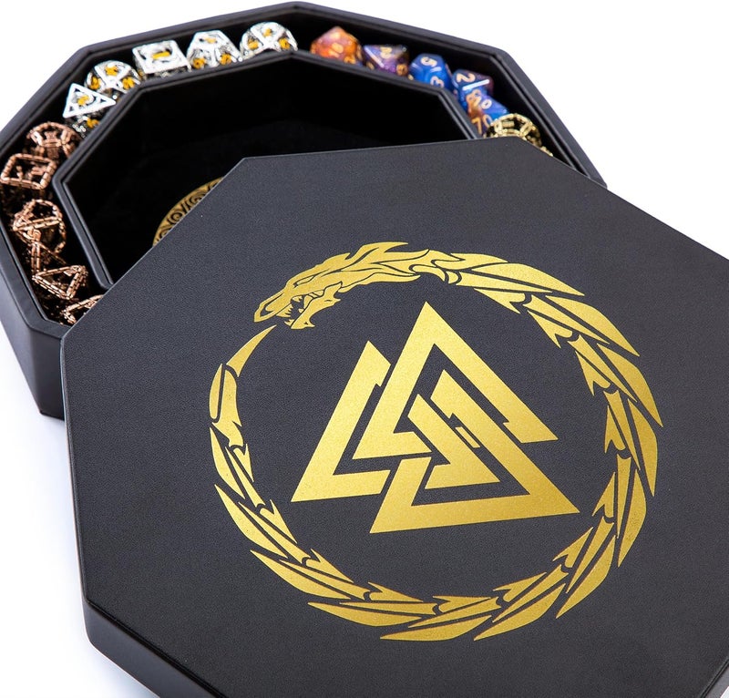 Soar Forge Dice Tray for DND and RPG - Beautiful Gold Valknut and Dragon 9 Inch Rolling Tray Compatible with Dungeons and Dragons and Tabletop RPGs - Box Storage to Protect Dice - Image 1